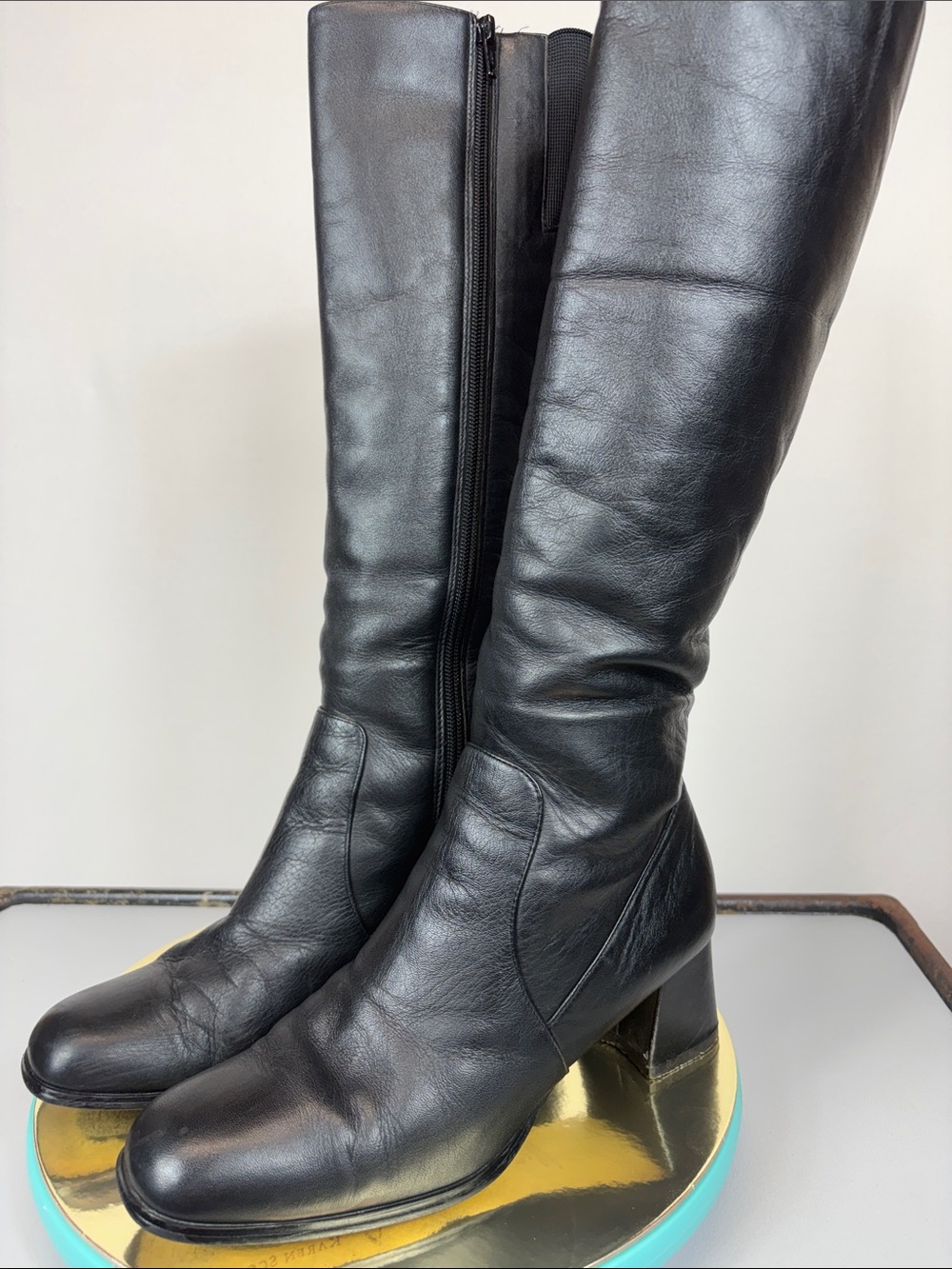 Women's Black Leather Below Knee Boots - Classic Zip Shaft ..FREE shipping